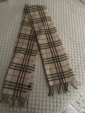 Burberry  Beige Plaid Scarf with Black, Olive and Pink Accents